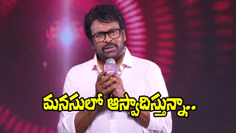 Megastar Chiranjeevi addressing the audience at the MSG success meet, holding a microphone and sharing his thoughts on the film’s achievement.