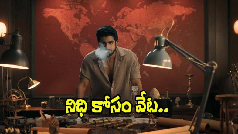 A man stands intensely behind a desk filled with antique tools and maps, smoke drifting across his face, with a red world map in the background.