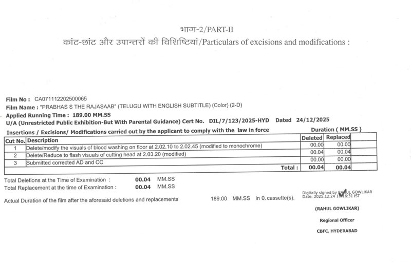 Raja Saab Censor Certificate (Image Source: X)