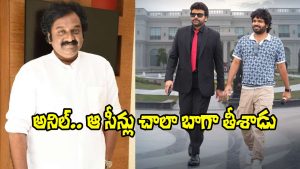 Filmmaker VV Vinayak appearing in a visual related to Mana Shankara Vara Prasad Garu, alongside scenes highlighting the film’s characters and presentation style.